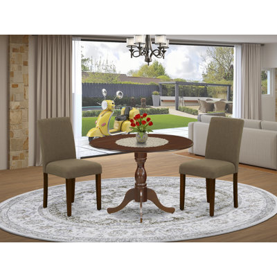 3 Piece Dining Room Table Set Contains a Round Dining Table with Dropleaf and 2 Coffee Linen Fabric Upholstered Parson Chairs, Mahogany