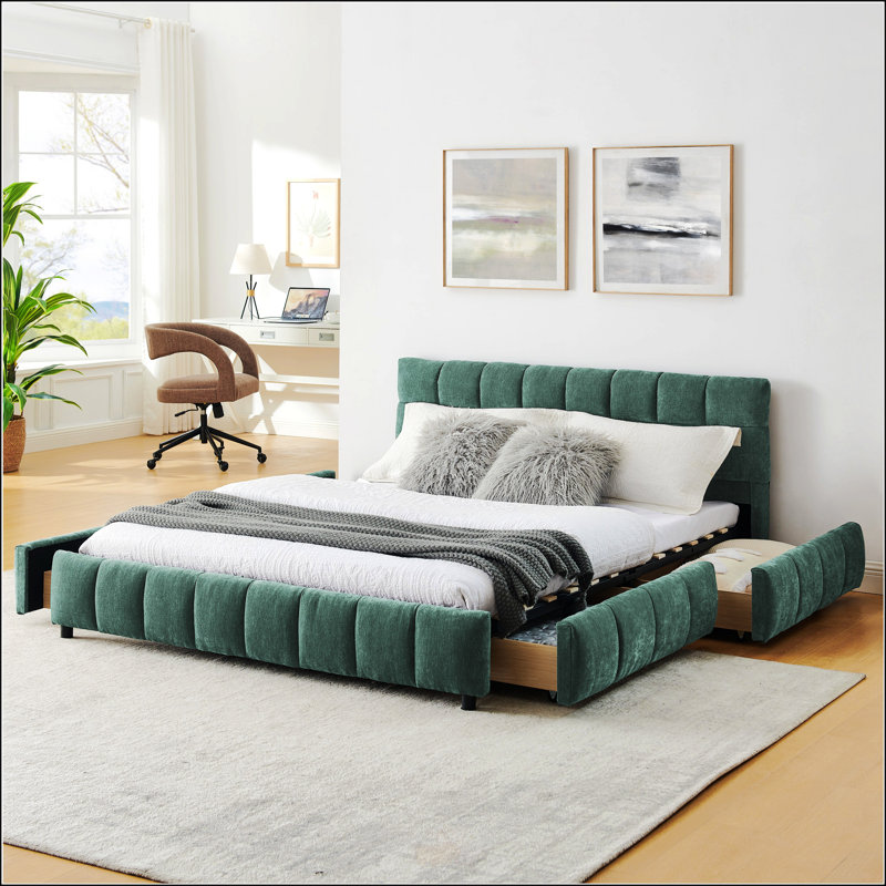 Grand lit tapissier, Bleu / Vert, Grand lit