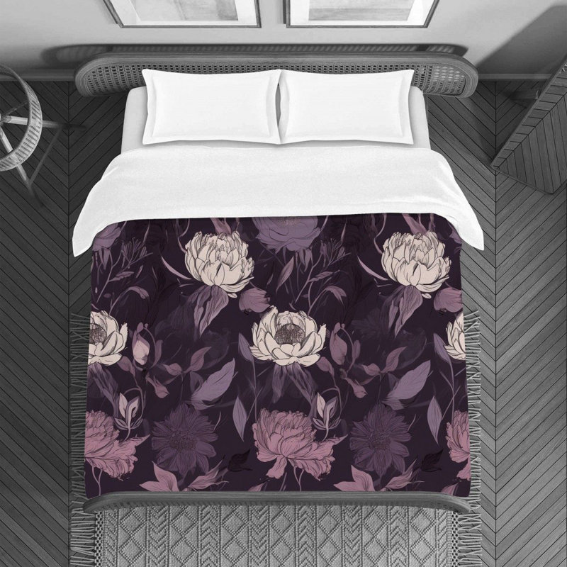  Housse de couette romantique en microfibre à motif floral noir / mauve, Housse de couette très grand
