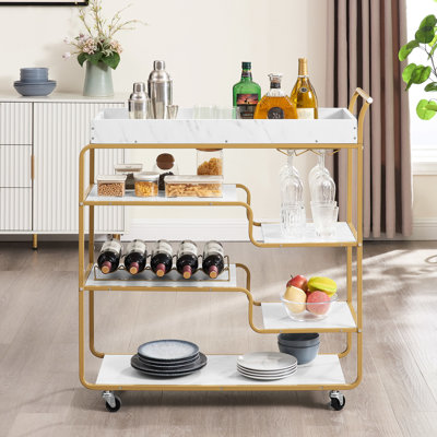 Chariot à boissons 6, chariot à boissons avec rangement pour bouteilles de vin et porte-verres 6, support de service élégant, finition en faux marbre