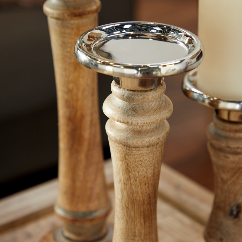 Elegant Mango Wood 9'' Traditional Candlestick Set in Brown