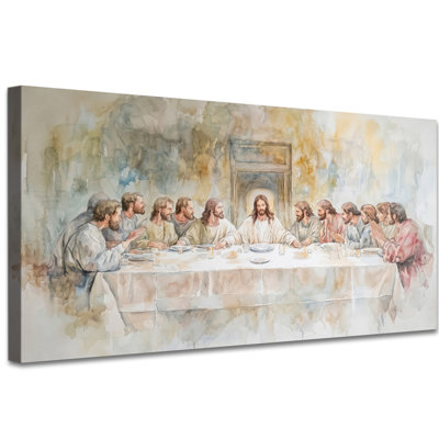 The Last Supper Canvas Wall Art, Warm Modern Christian Wall Decor for Dining Room, Watercolor Gallery Wrapped Artwork, Ready to Hang, 16x32 inches