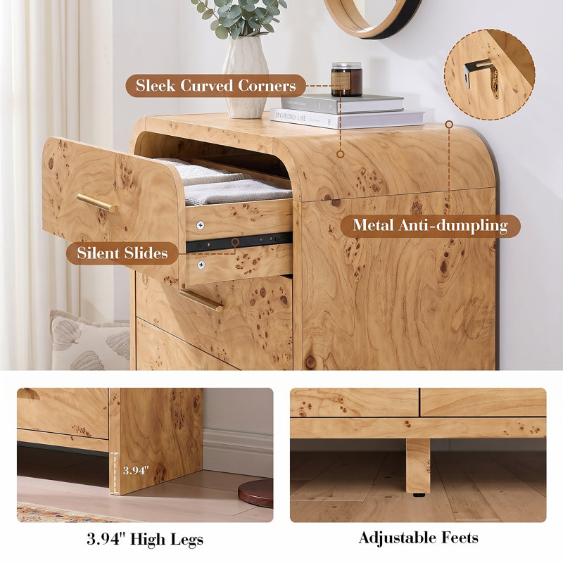 Commode 5 tiroirs H 46 po - Commode étroite en bois pour chambre à coucher, vestibule, couloir, Light Burl