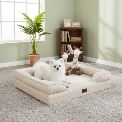 Beige Large Dog Orthopedic Spinal Support Dog Bed, Waterproof Memory Foam + Egg Tray Foam Design, Comfortable Sides + Non-Slip Bottom, Removable Washable Cover