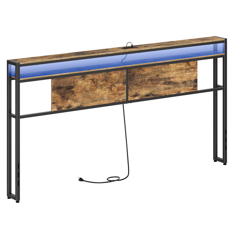Lutske 76"W×40"H Storage Headboard with LED Light and Charging Station, Height Adjustable, King, Brown