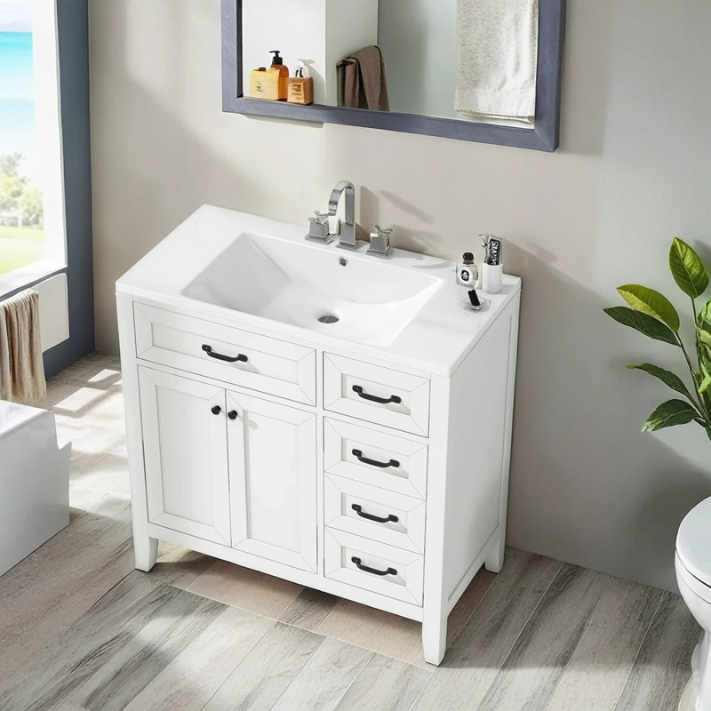 Meuble-lavabo simple avec plateau en céramique 35,98 po Raynier, Blanc, Noir mat