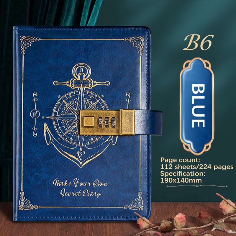 Retro codebook  Password Notebook With Lock B6 Leather Notebook Student High Appearance Diary Notebook Notes, A