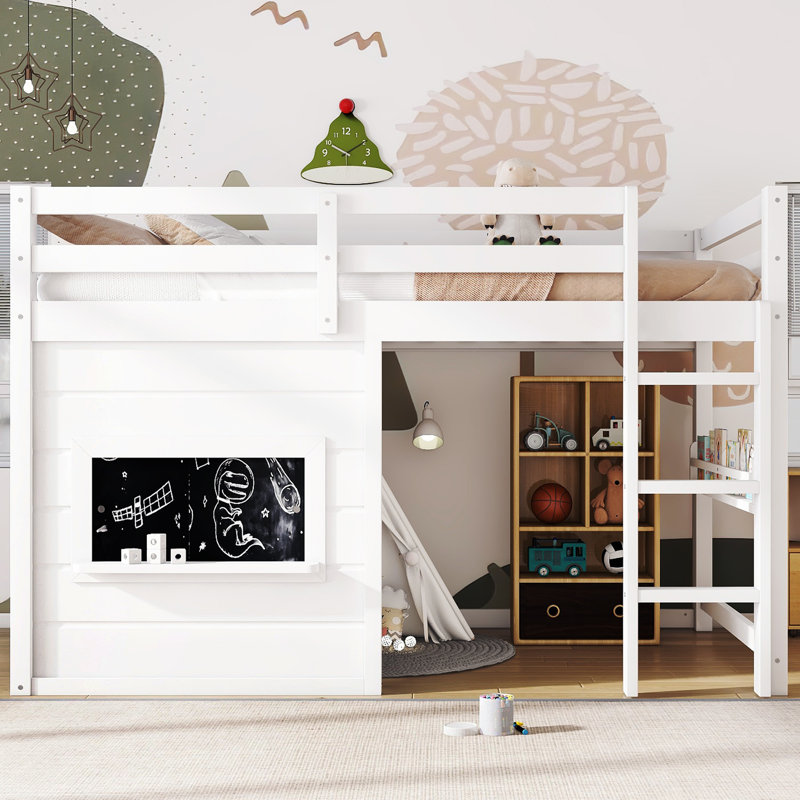 Twin Size Wood Loft Bed Frame With Playful Sliding Chalkboard, Built-in Bookshelf And Safety Rails For Kids Teens, space-saving, Quiet Design, No Spring Mattress Required, White
