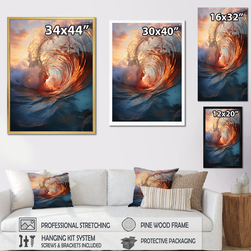 «Beach Photo Sunlit Waves» sur toile, Encadrement doré, L 30 po x H 40 po
