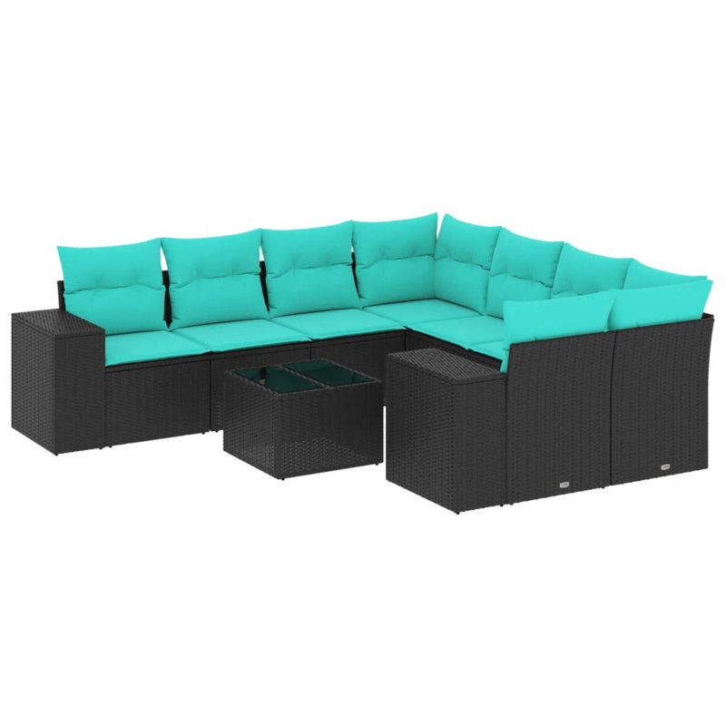 Ensemble de canapé de patio 9 pièces avec coussins en rotin de polyester, Bleu, Noir