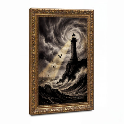 Art mural rétro sur toile, phare et tempête