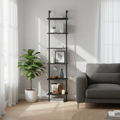 79"H x 9.4"W 6-Tier Wooden Ladder Shelf, Wall-Mounted Bookcase, Metal Ladder Bookcase
