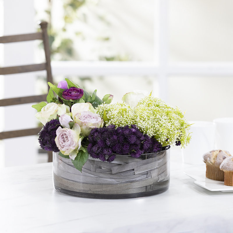 Rose/Sedum/Lace en vase en verre Queen Anne