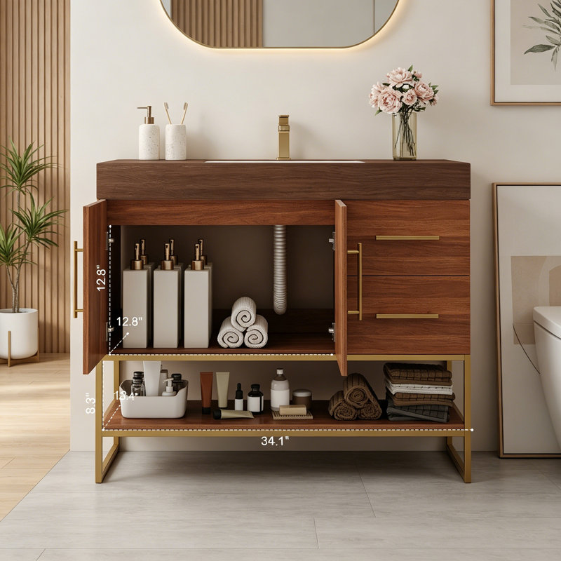 Meuble-lavabo avec lavabo, 2 tiroirs et pieds en métal, Noyer