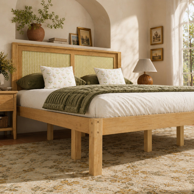 Lit plateforme en bois de pin avec tête de lit en rotin, cadre de lit bohème naturel avec rangement sous le lit, aucun sommier nécessaire