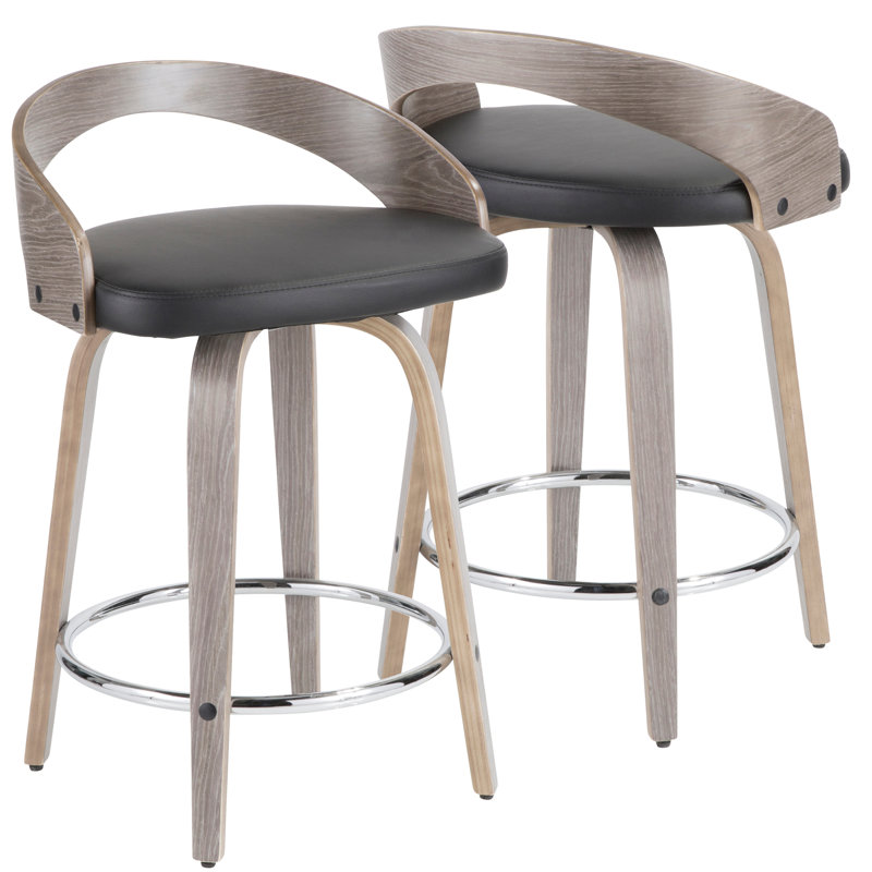 Tabouret de comptoir Grotto Mid-Century moderne en bois gris clair et similicuir noir par Lumisource - 2, Gris, Gris clair