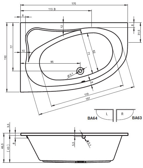1800mm x 140mm Soaking Acrylic Bathtub