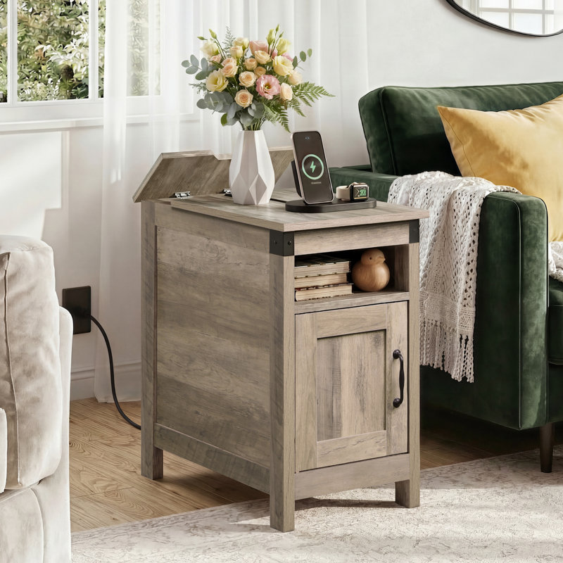 Carbin 24" Tall Farmhouse End Table with Charge Station and Storage, Side Table with Power Outlets & USB for Small Spaces, Rustic Nightstand Accent Table