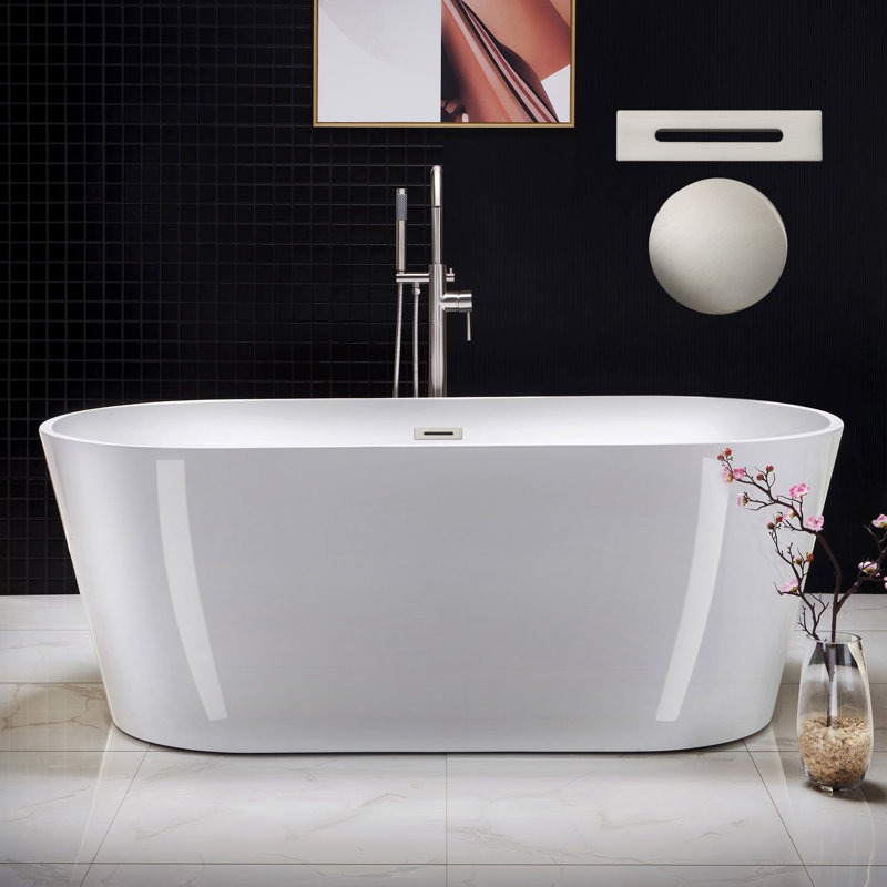 67" x 32" Freestanding Soaking Acrylic Bathtub, Brushed Nickel, White