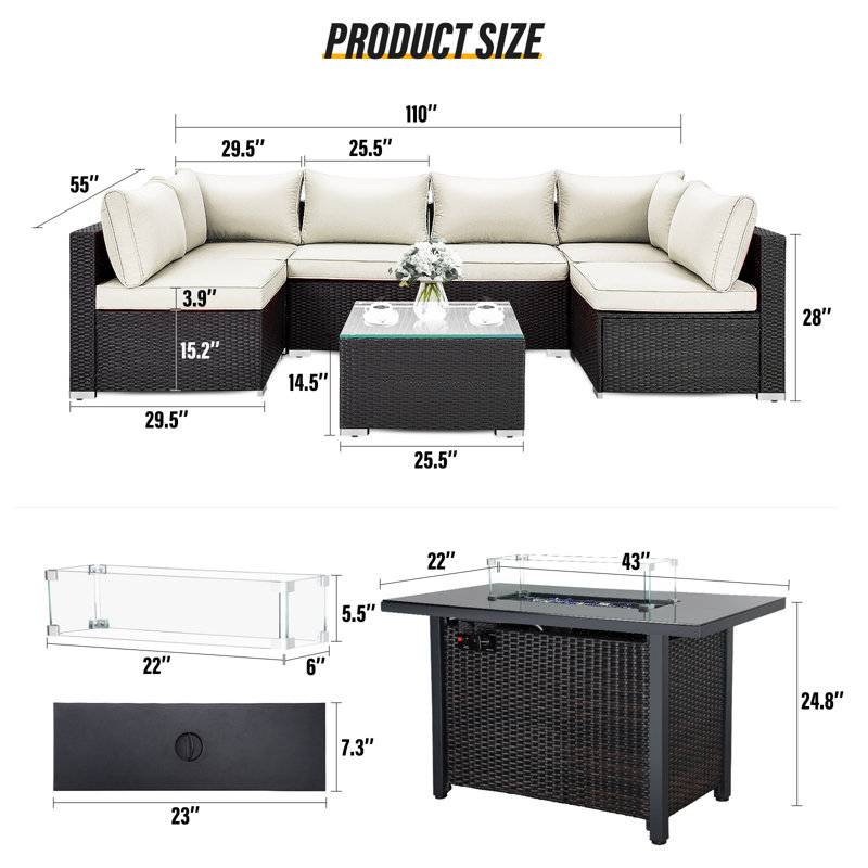 Ensemble de canapé 8 pièces en osier avec table de foyer 43 po 8 pièces