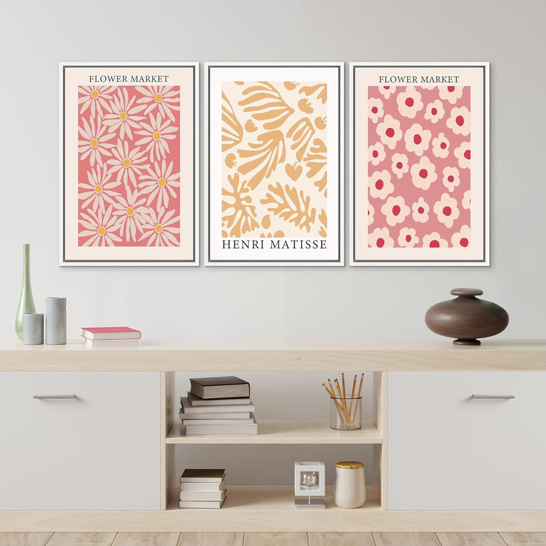 Classical Artwork Pink & Yellow Henri Matisse Flower Market Floral Artwork Framed On Canvas 3 Pieces Print Wall Art IDEA4WALL Frame 