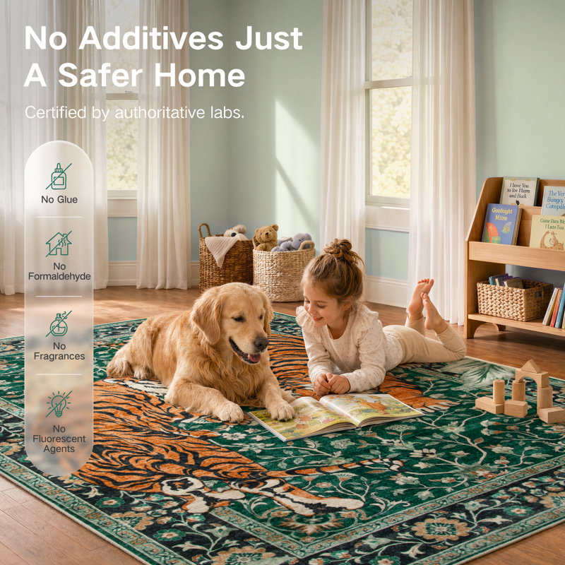 Goldene Oriental Tiger Vintage Washable Area Rug - Soft Cashmere Carpet for Living Room, Bedroom, or Office, Dark Green