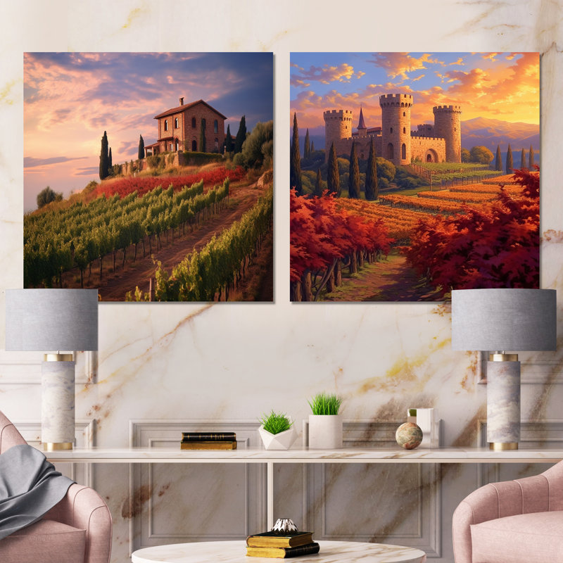 Magnifique château au coucher du soleil dans un vignoble italien - ensemble de 2 carrés de style campagnard, Toile tendue
