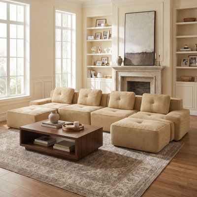 Canapé modulaire en forme de L de 153 po, canapé 4 places en velours côtelé avec assise profonde, sans assemblage, brun clair
