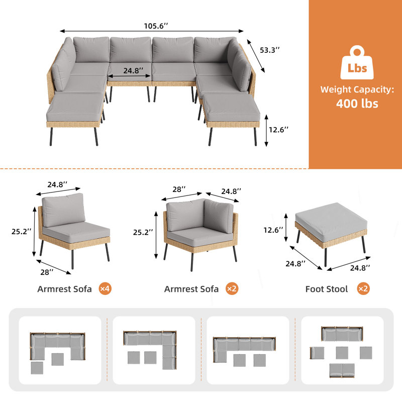  Ensemble de conversation modulaire en osier 8 pièces toutes saisons avec coussins , Gris, Yellow