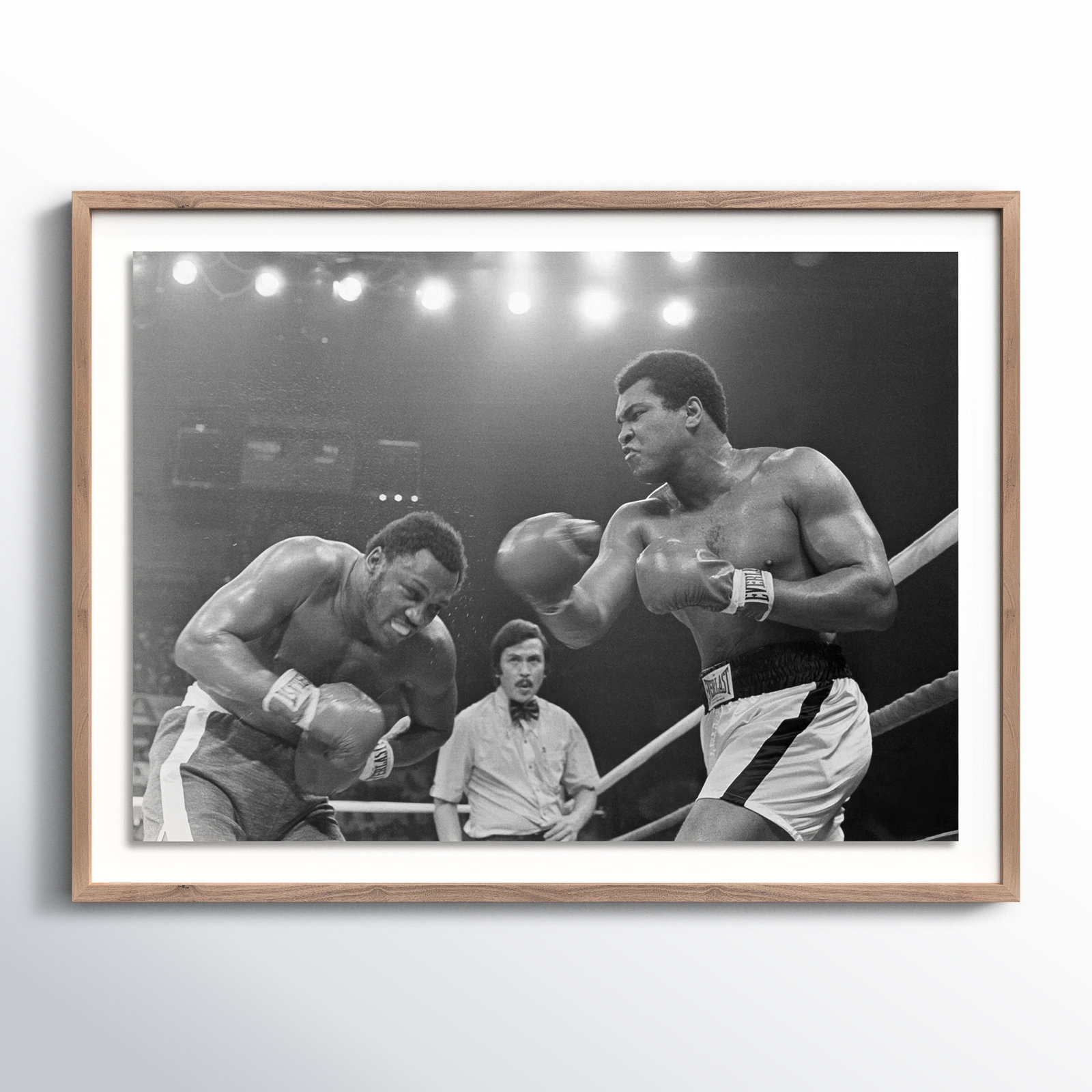 Adom "Muhammad Ali Punching Joe Frazier" Print, Rustic Walnut Framed, 36" H x 48" W