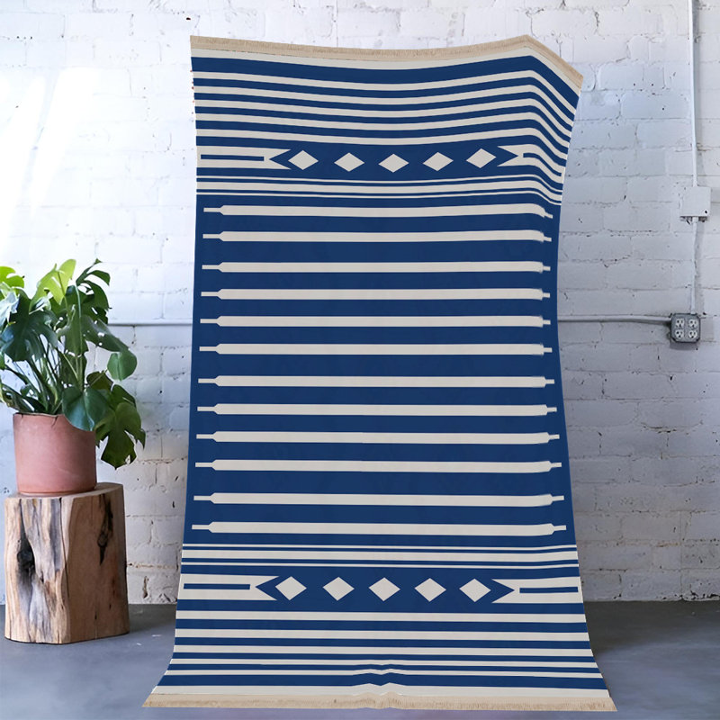 Blue-Themed Line Patterned Modern Decorative Rug, Runner 3'3.37" x 9'10.11"