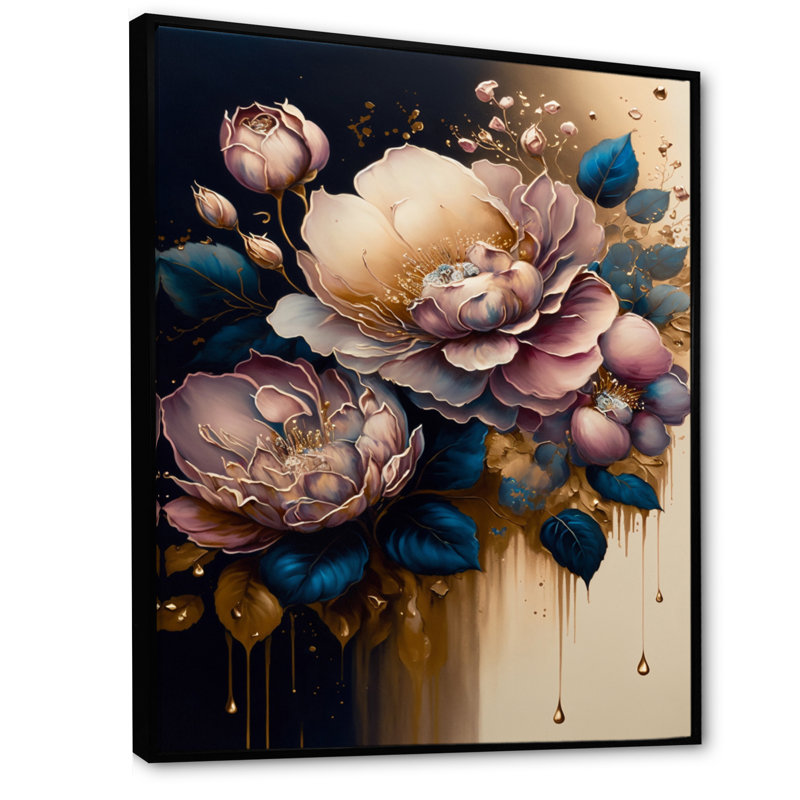 «Decadent Pink and Blue Roses IV», reproduction sur toile, H 32 po x l 24 po x P 1 po, Toile avec cadre flottant noir