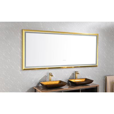 Miroir de salle de bain mural 60 x 48 pouces, brouillard, fonction mémoire, 3 couleurs, luminosité réglable en continu, cadre en aluminium, miroir doré brossé 60 x 48 avec revêtement antibuée, gradation, fixation, finition