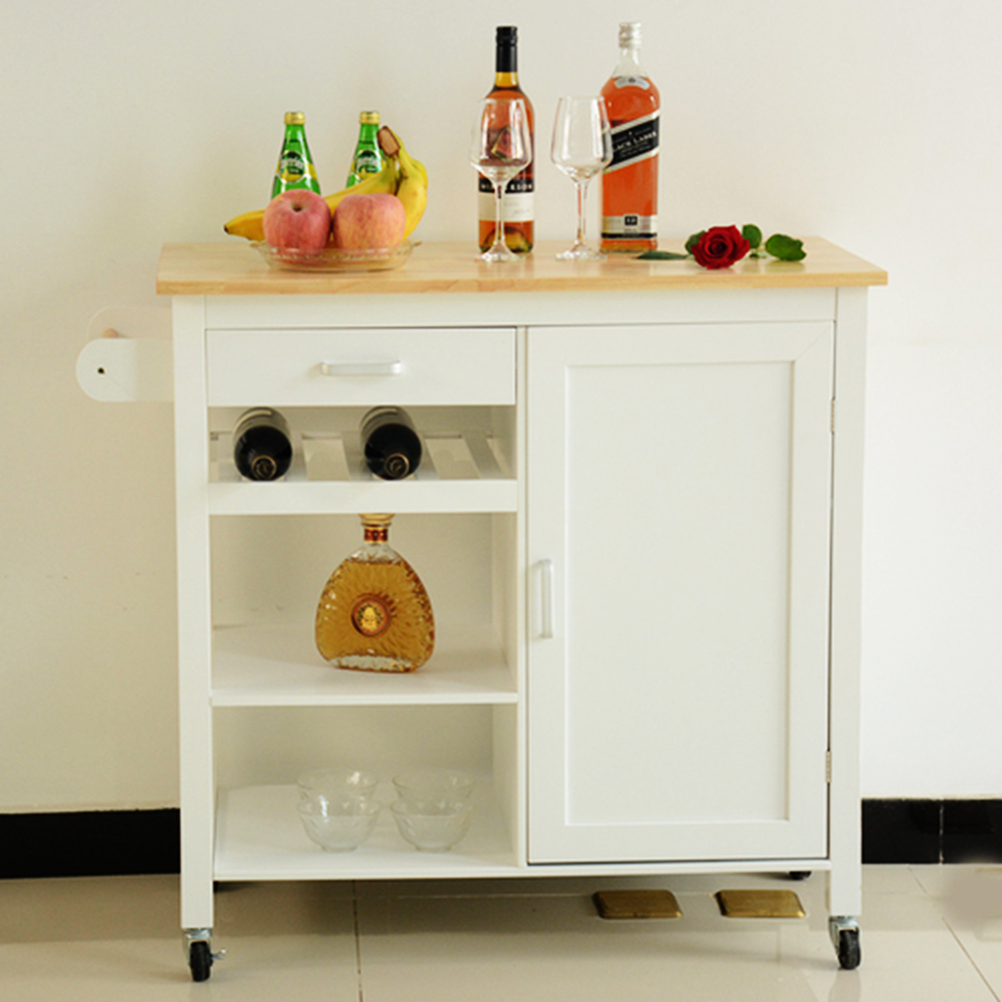 ChooChoo Rolling Kitchen Island, Portable Kitchen Cart Wood Top Kitchen  Trolley with Drawers and Glass Door Cabinet, Wine Shelf, Towel Rack, White