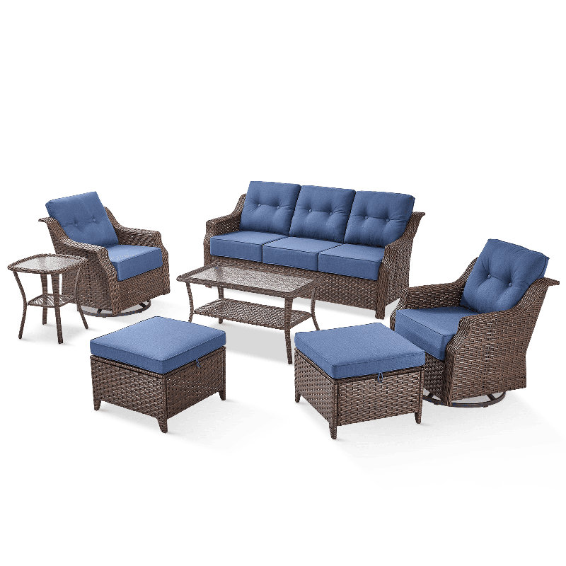 Elona 7-Pieces Sofa Seating Group With 6" Thickness Cushions And Coffee Table, Blue