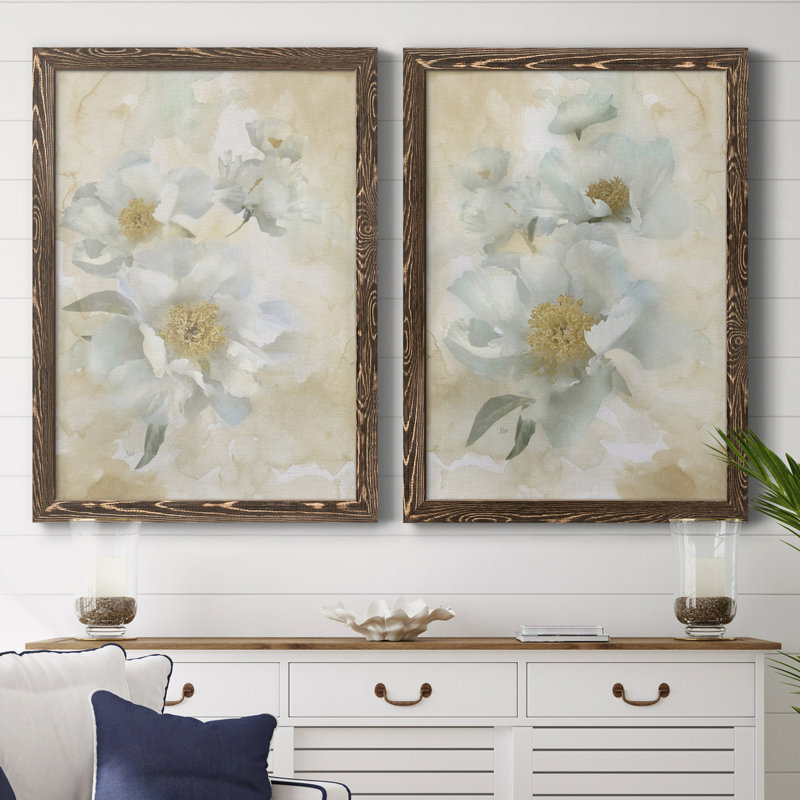 Douces pivoines I - ensemble de 2 reproductions d'art, H 44 po x l 31 po x P 1 po, Toile avec cadre en noyer, Pas de tapis