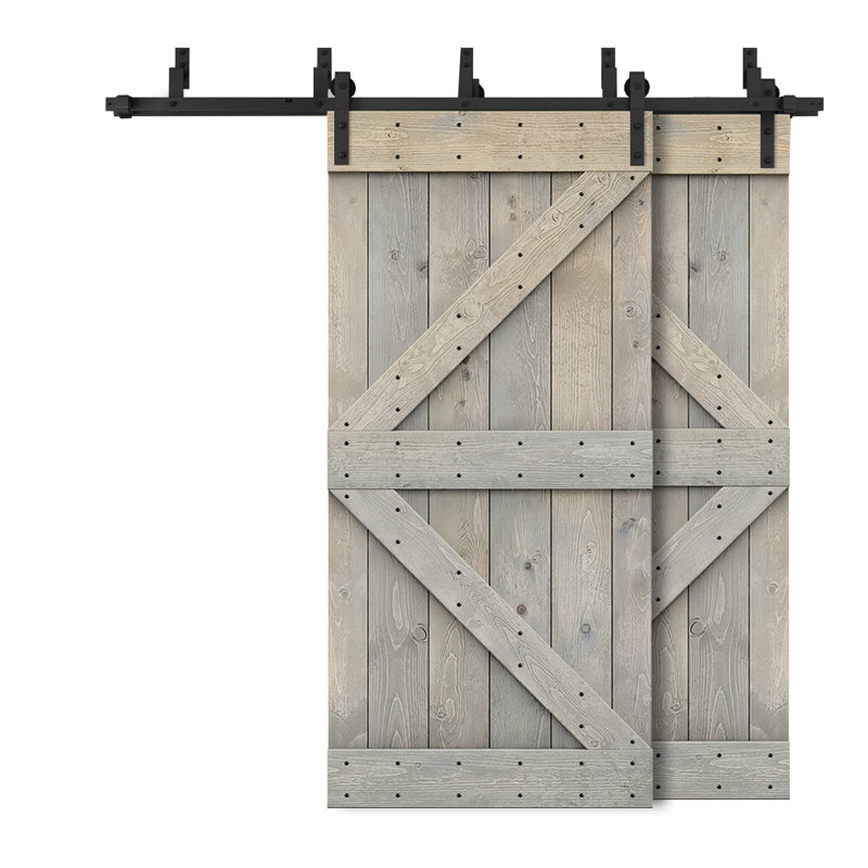 Porte de grange à panneaux et en bois avec quincaillerie d'installation, Gris fumée, 76 po x 84 po