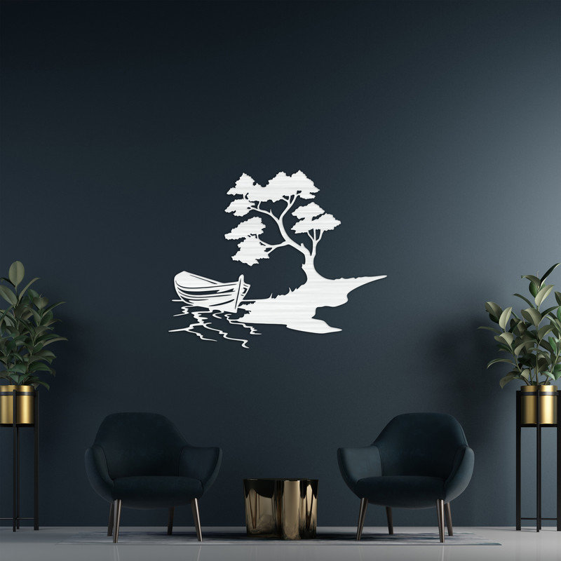 Art mural abstrait d'un bateau et d'arbres sur une île - ACM, H 37,4 po x l 46 po x P 0,25 po, Blanc