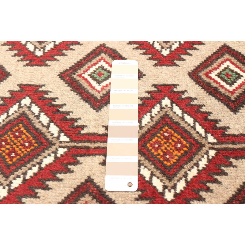 Tapis beige / rouge en laine noué à la main de conception unique 3 pi 4 po x 5 pi 3 po New Age