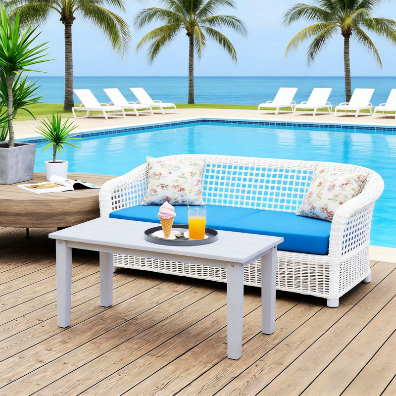 Table basse d'extérieur blanche, 91,4 cm x 43,2 cm, plateau à lattes, idéale pour terrasse, jardin et balcon. Dimensions : 91 cm (L) x 44 cm (l) x 41,9 cm (H). Convient également aux bords de piscine.