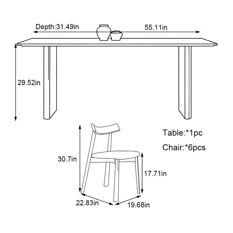 Minimalist modern rectangular dining table set, 29.52"H x 55.11"L x 31.49"W