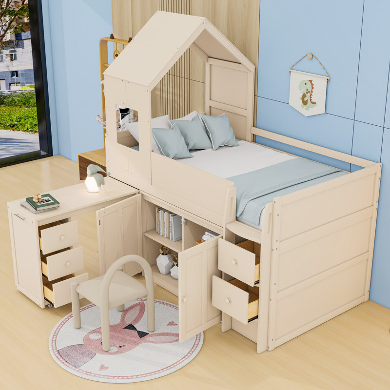 Lit mezzanine simple en bois avec tiroirs, bureau et armoires, Beige