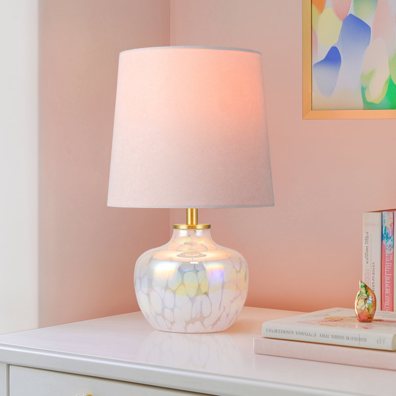 Muhedin 15'' Kids Table Lamp – Pink Glass Nightstand Lamp for Girls Room, Nursery, Bedroom, Cute Small Accent Lamp with Velvet Shade, Perfect Gift for Daughter & Granddaughter