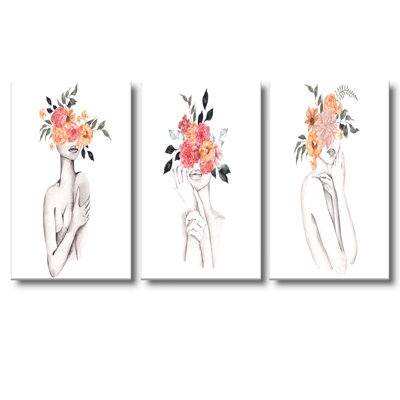 Silhouette de femme avec fleurs rouges et mauves, ensemble de 3 pièces glamour