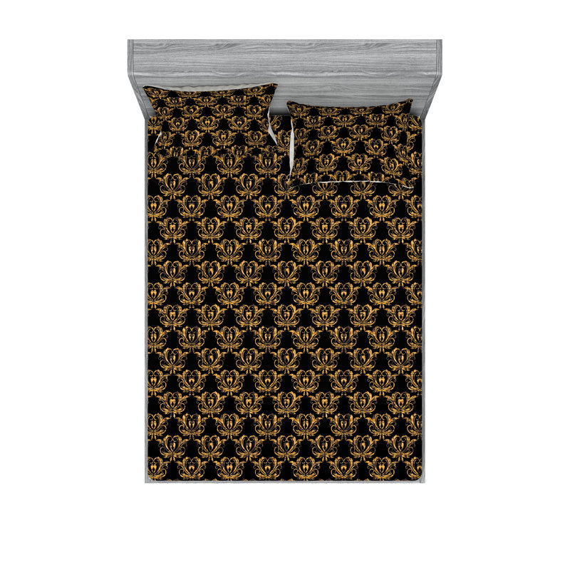 Ambesonne Fitted Sheet & Shams, Charcoal Gray/Marigold Floral, Queen Sheet Set with 2 Pillowcases