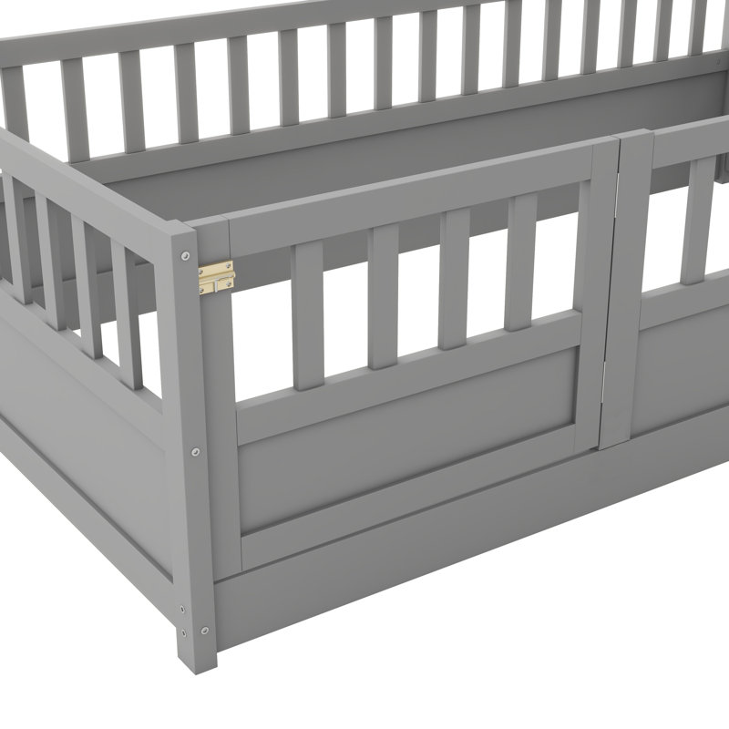 Twin Montessori Floor Bed With Door & Rails, Gray, Twin