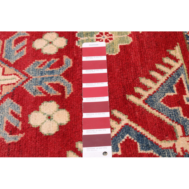 Tapis rouge en laine noué à la main de conception unique 6 pi 6 po x 9 pi 9 po New Age