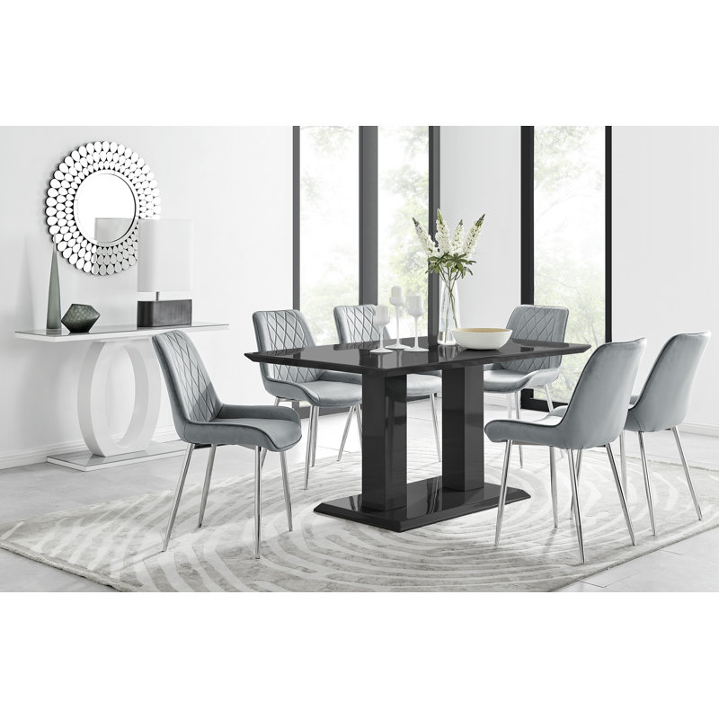 Edzard Double Pedestal High Gloss Dining Table Set with 6 Luxury Velvet Dining Chairs, Blue/Black, Black