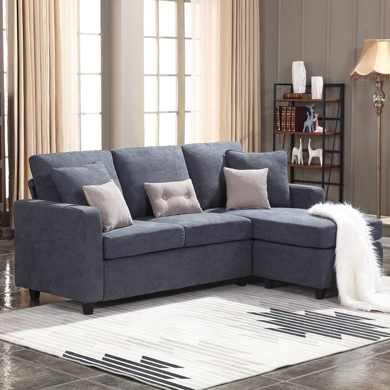 Campbelltown Upholstered L-Shaped Sectional with Ottoman Reversible, Bluish Gray Polyester Blend