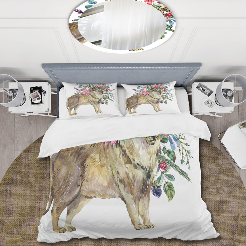 Loup avec fleurs de forêt - ensemble de housse de couette Farmhouse - microfibre de polyester